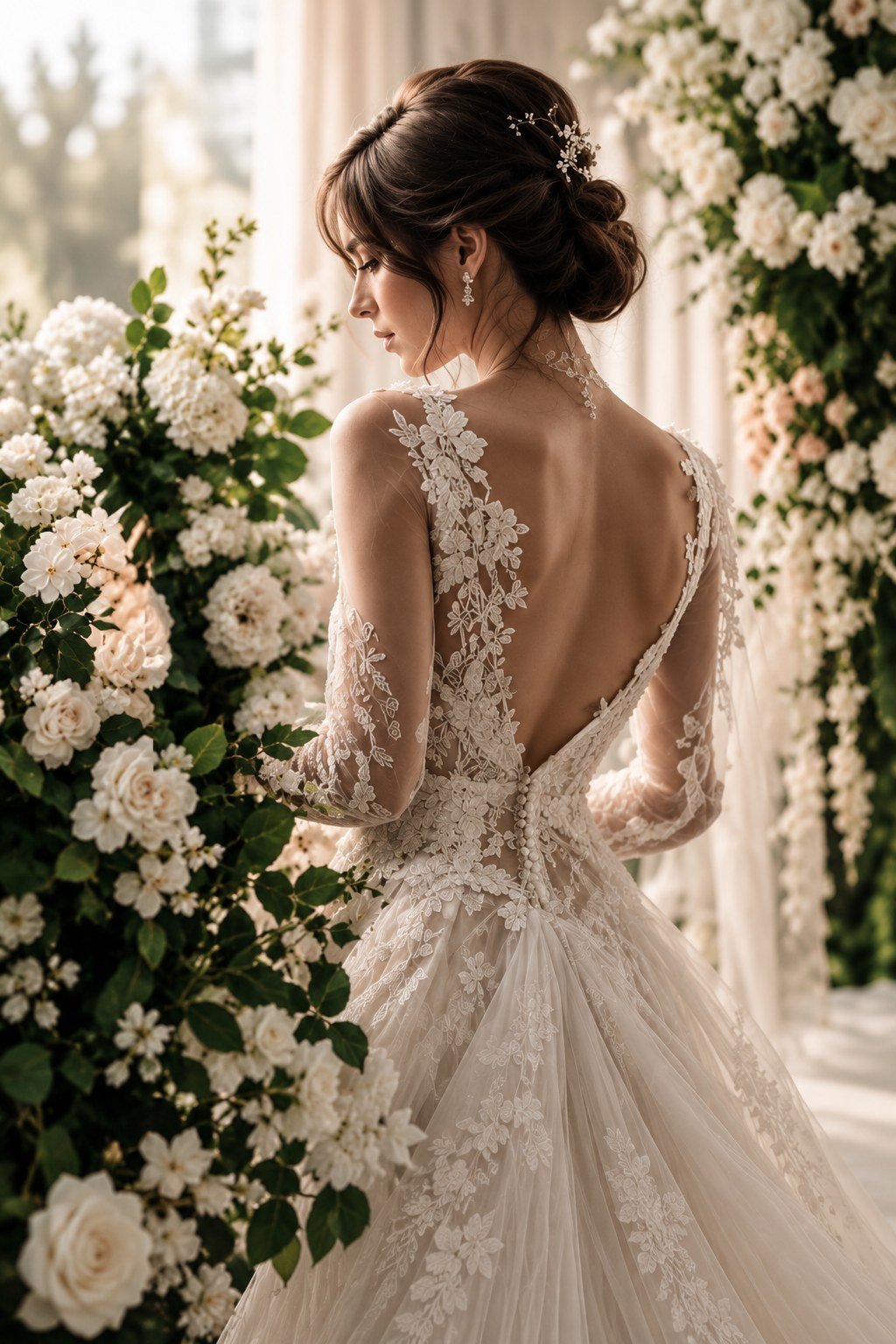 Bride in floral lace wedding gown from behind